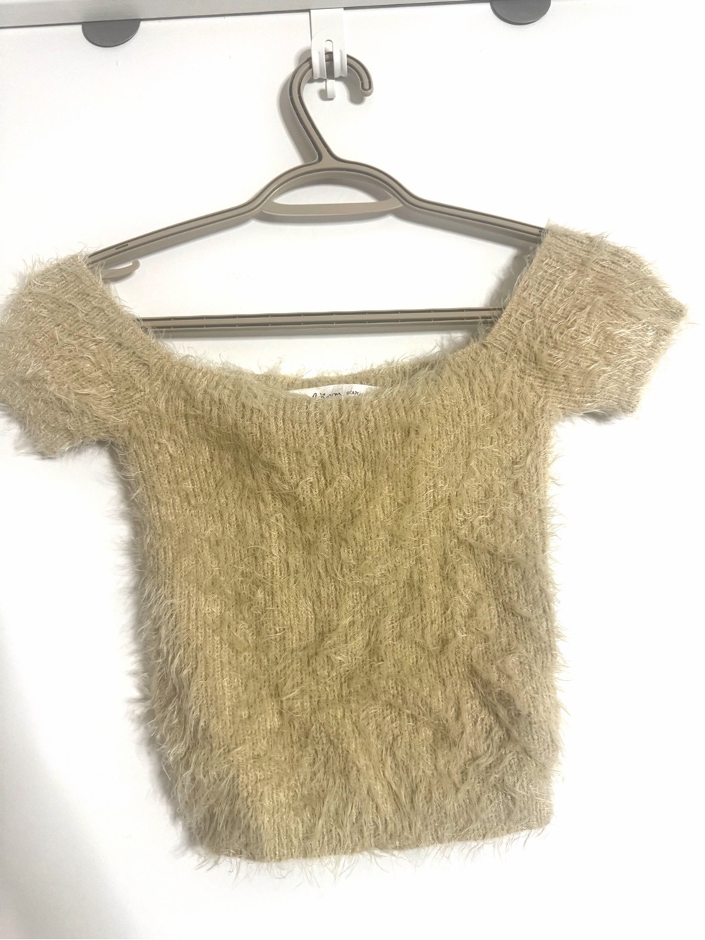 Fuzzy Off-the-Shoulder Short Sleeve Sweater in Beige